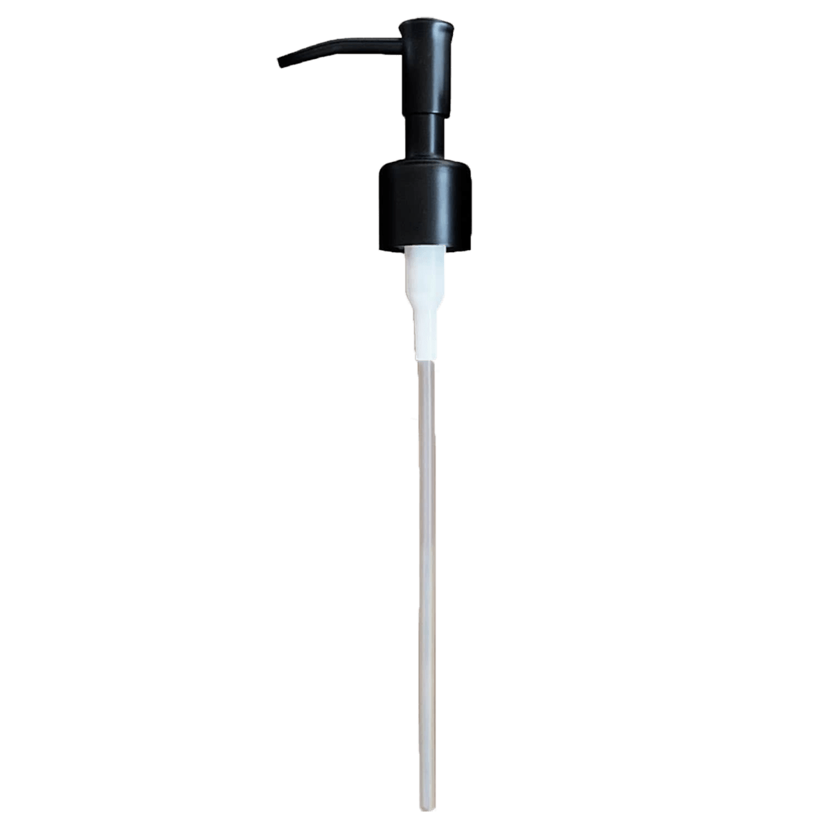 Black plastic pump dispenser with a long white tube