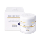 Skincare cream jar and box with gold accents on a white background