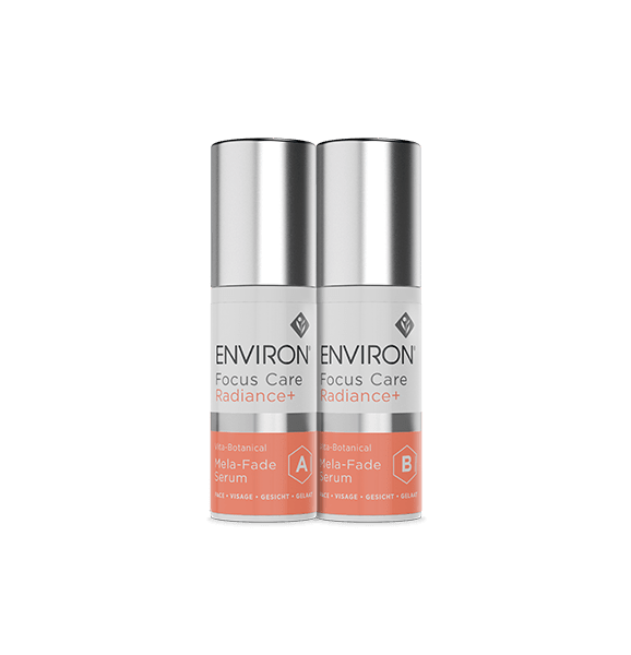 Environ Focus Care Radiance+ Mela-Fade Serum A and B bottles with silver caps