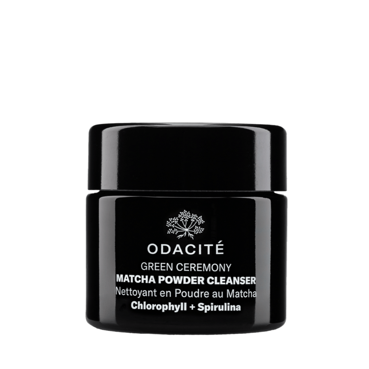 Odacité Green Ceremony Matcha Powder Cleanser jar with chlorophyll and spirulina