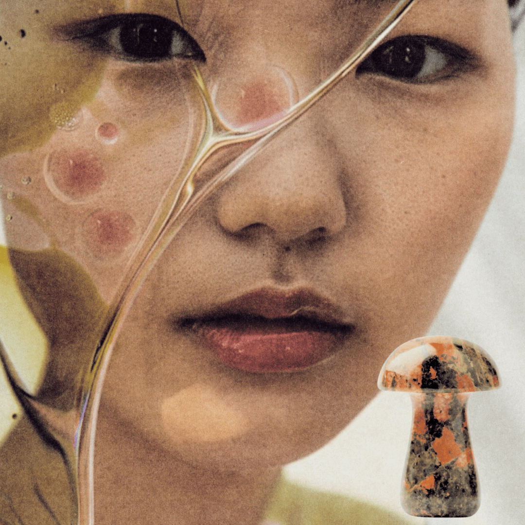 Close-up of a woman's face with abstract floral overlay and a small mushroom sculpture