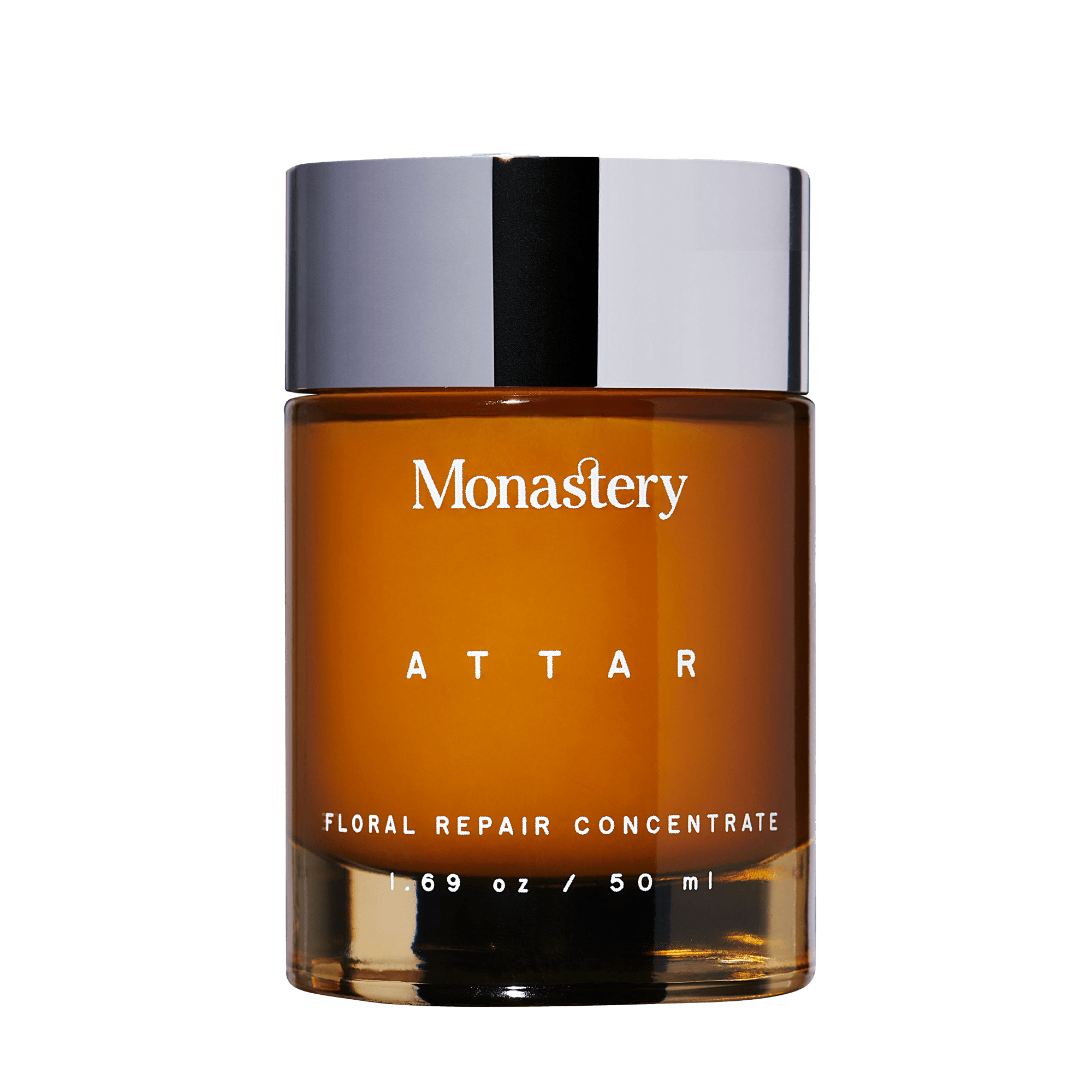 Monastery Attar Floral Repair Concentrate in amber glass jar with silver lid