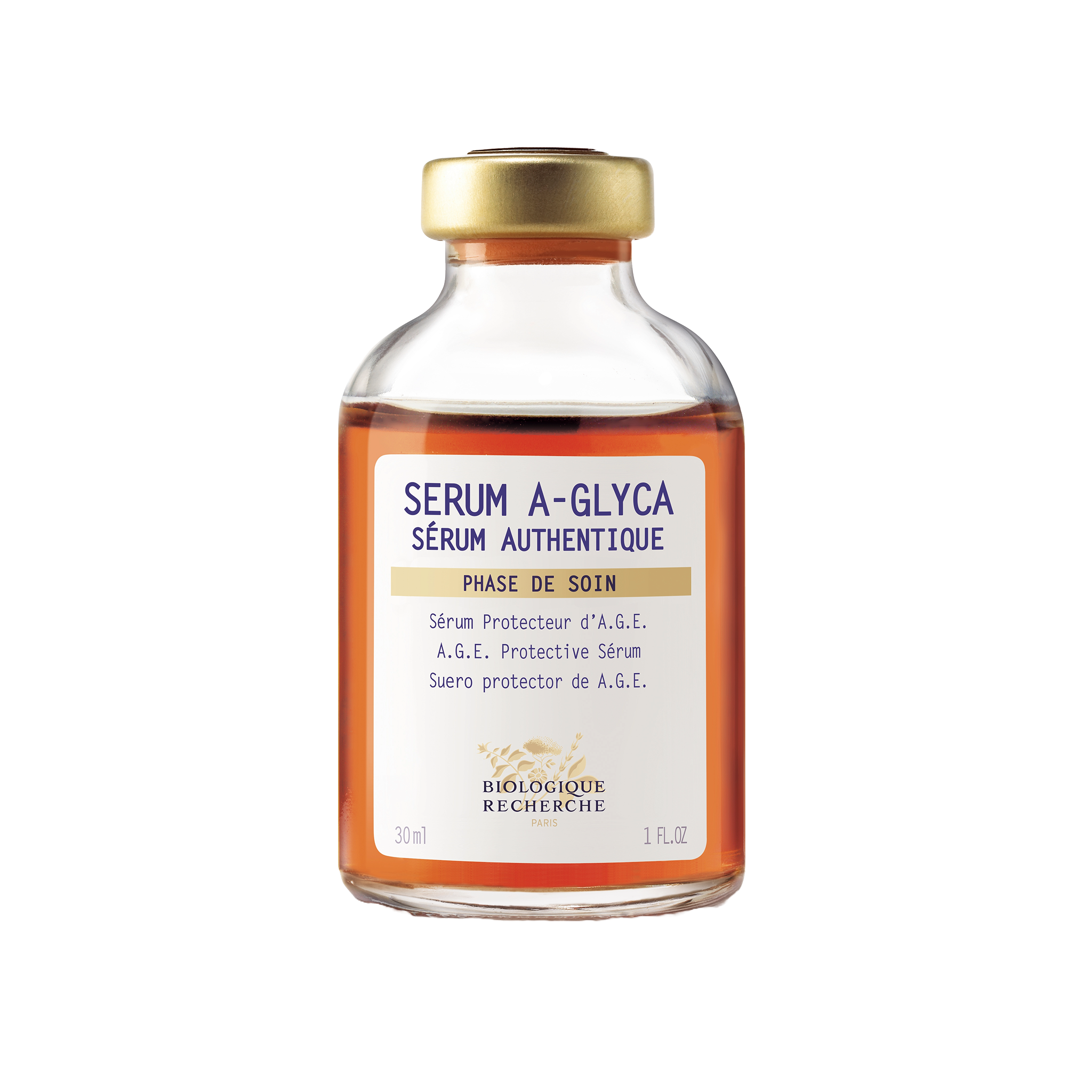 Serum bottle labeled 'SERUM A-GLYCA' with a gold cap on a transparent background