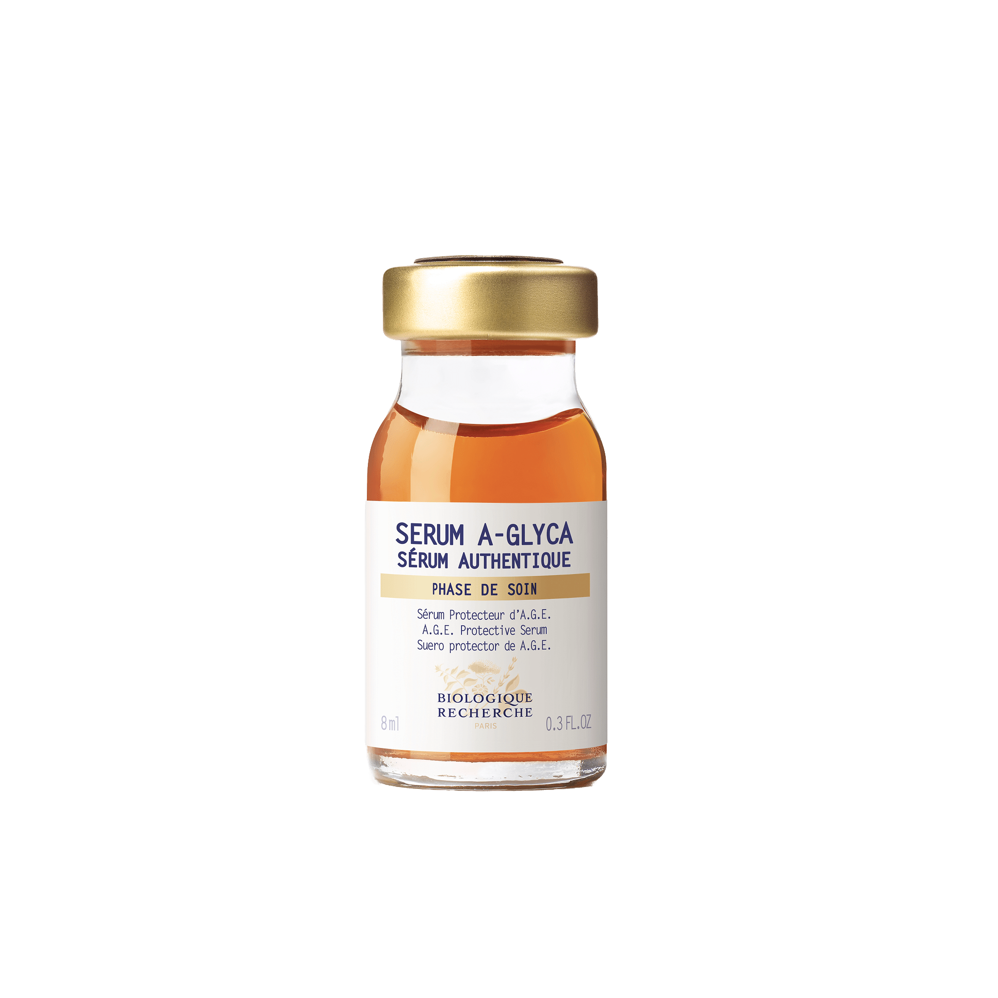 Serum bottle labeled 'SERUM A-GLYCA' with a gold cap on a transparent background