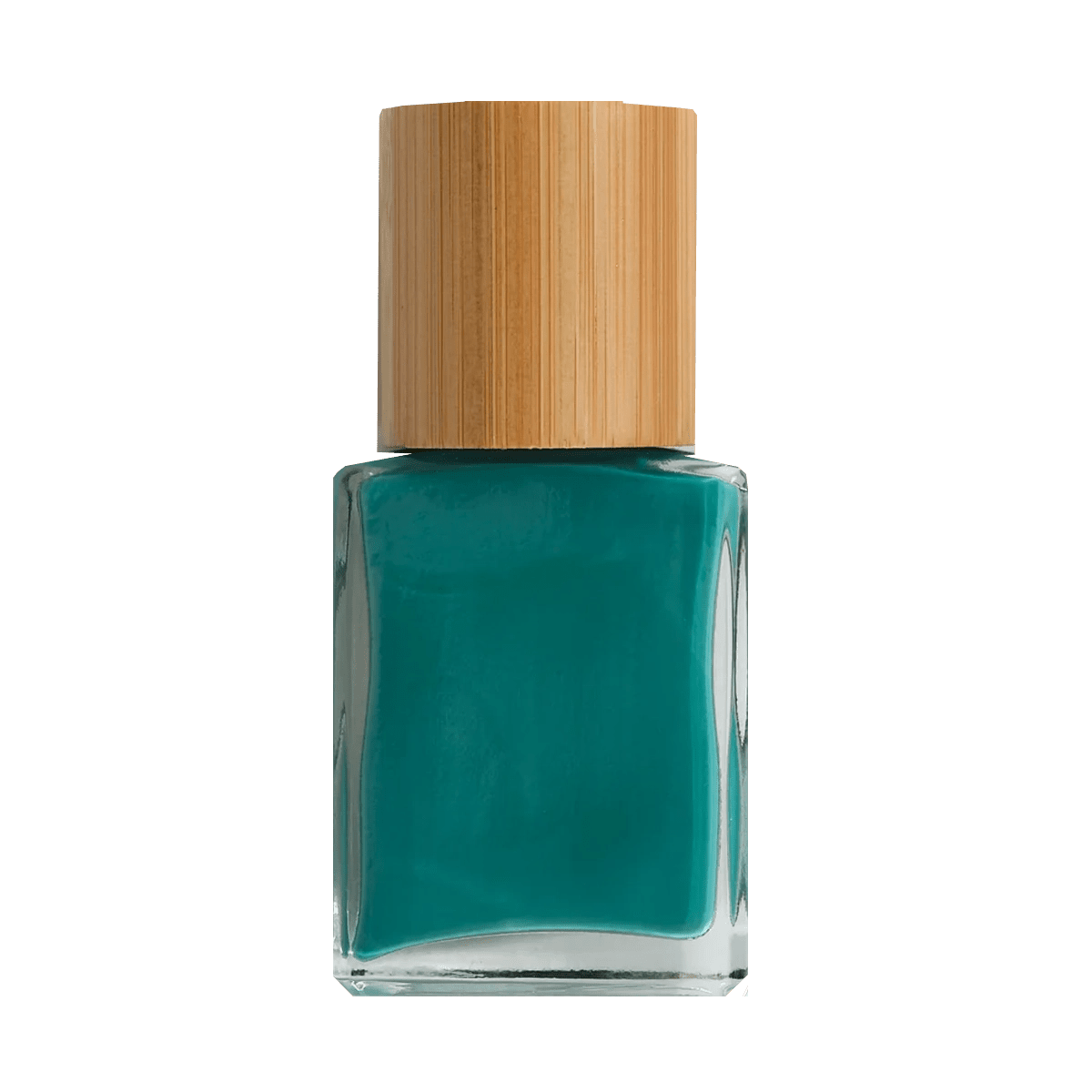 Teal nail polish bottle with a wooden cap