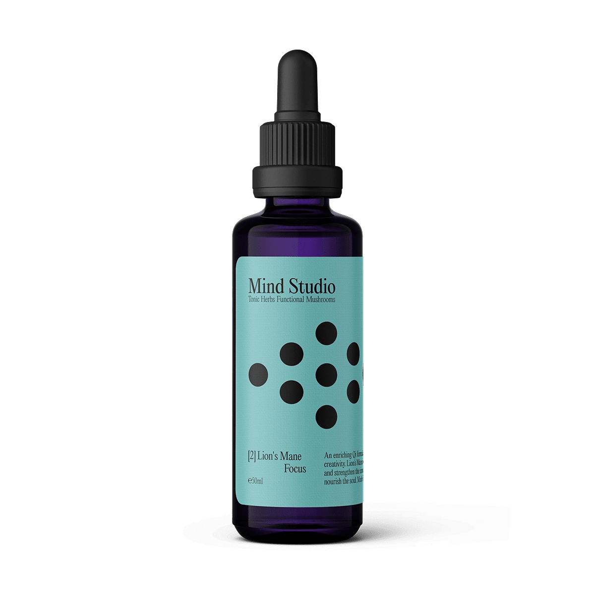 Mind Studio dropper bottle with blue label and black dots design