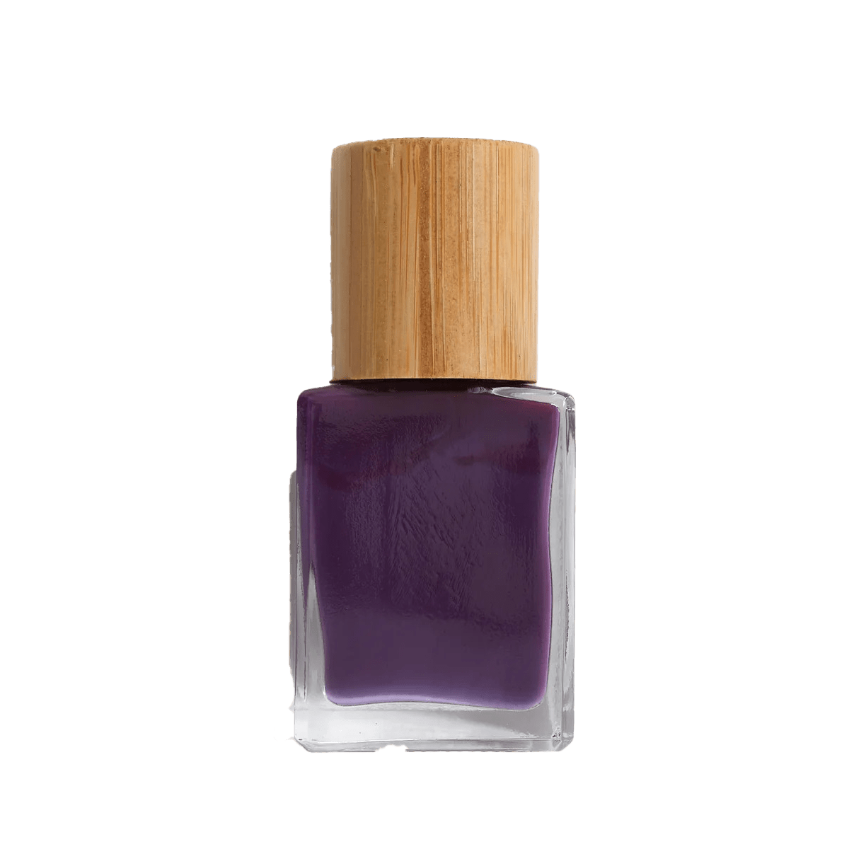 Purple nail polish bottle with a wooden cap