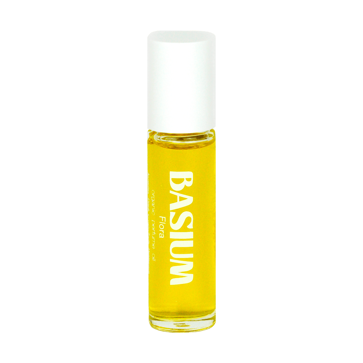 Basium Flora organic perfume oil in a clear roll-on bottle with white cap