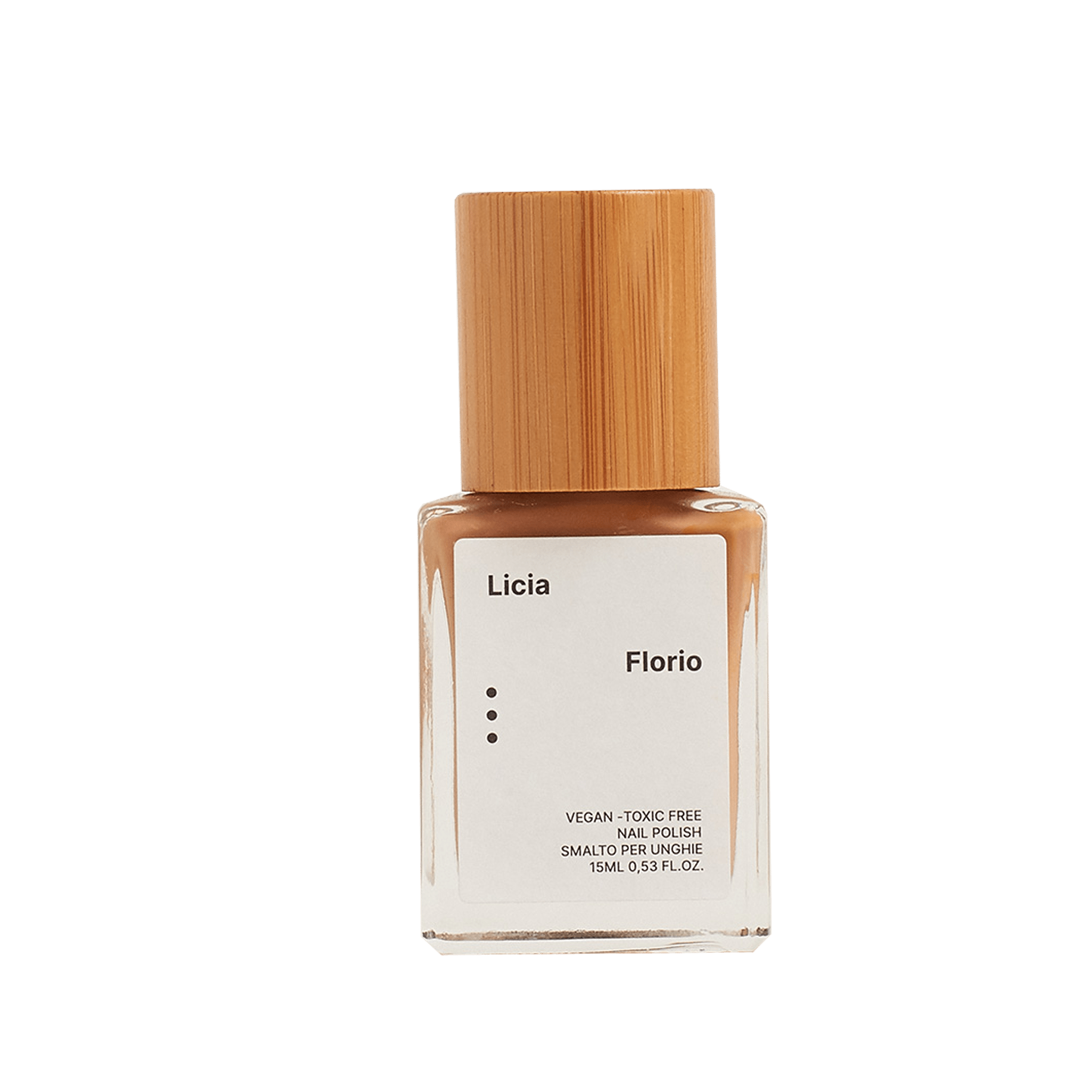 Perfume bottle with wooden cap and minimalist label design