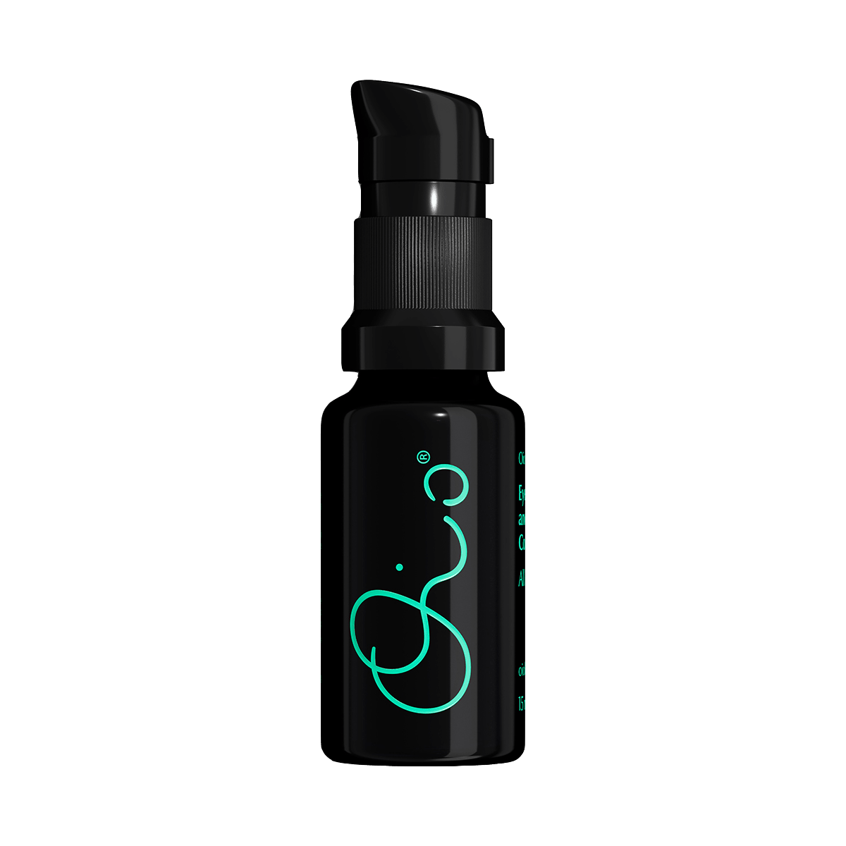 Black pump bottle with teal logo on white background
