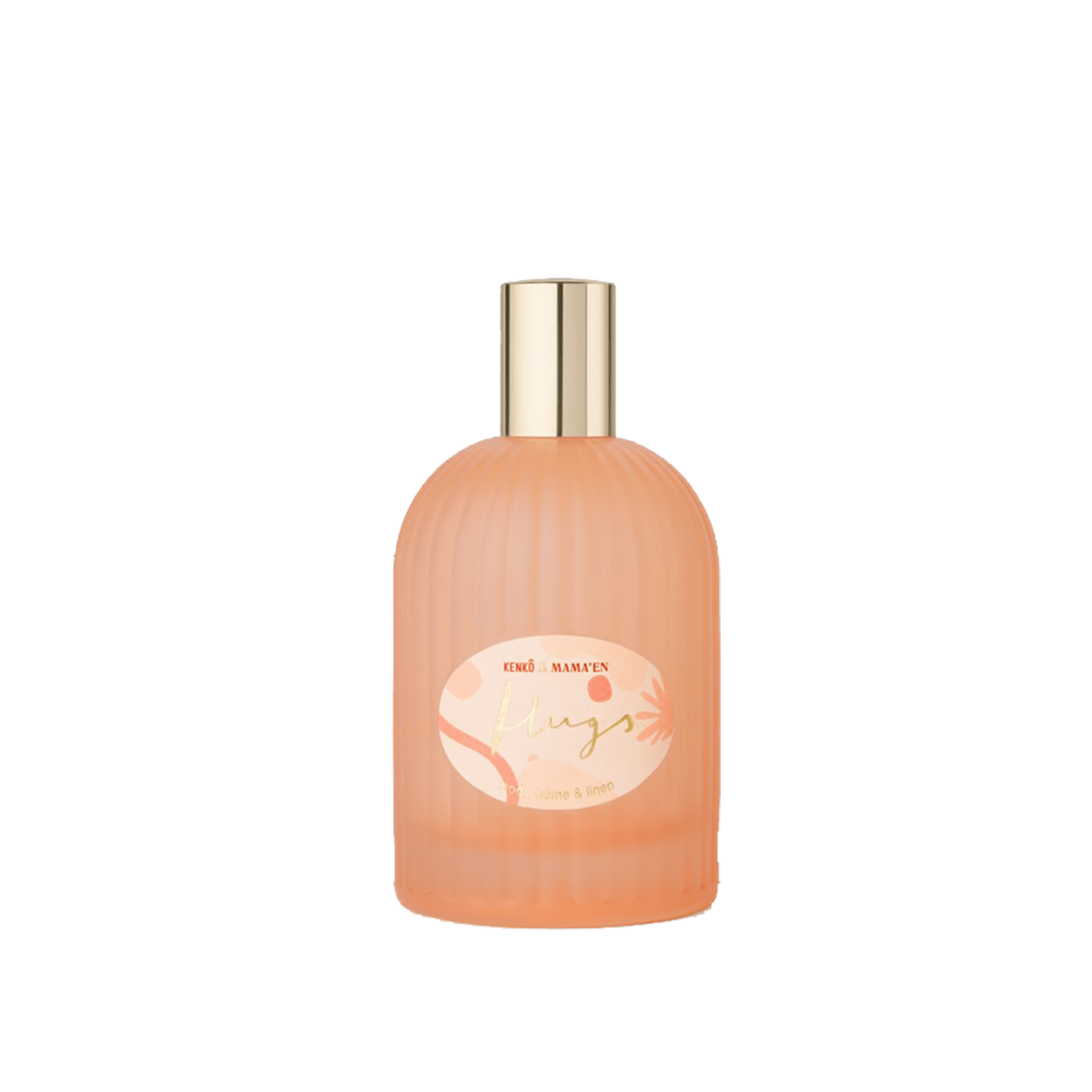 Peach-colored perfume bottle with gold cap and floral label design