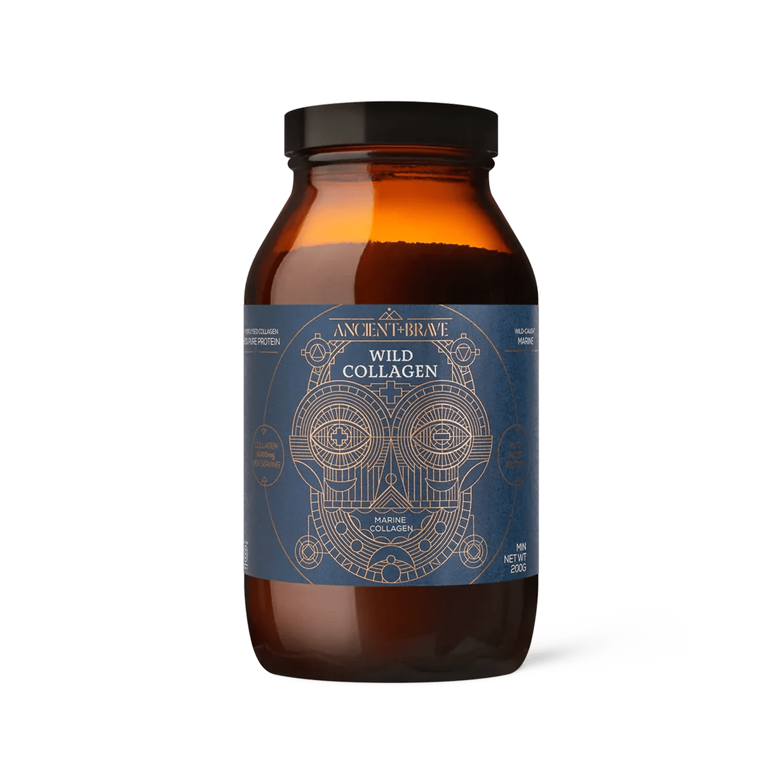 Brown jar of Ancient + Brave Wild Collagen with blue geometric label design