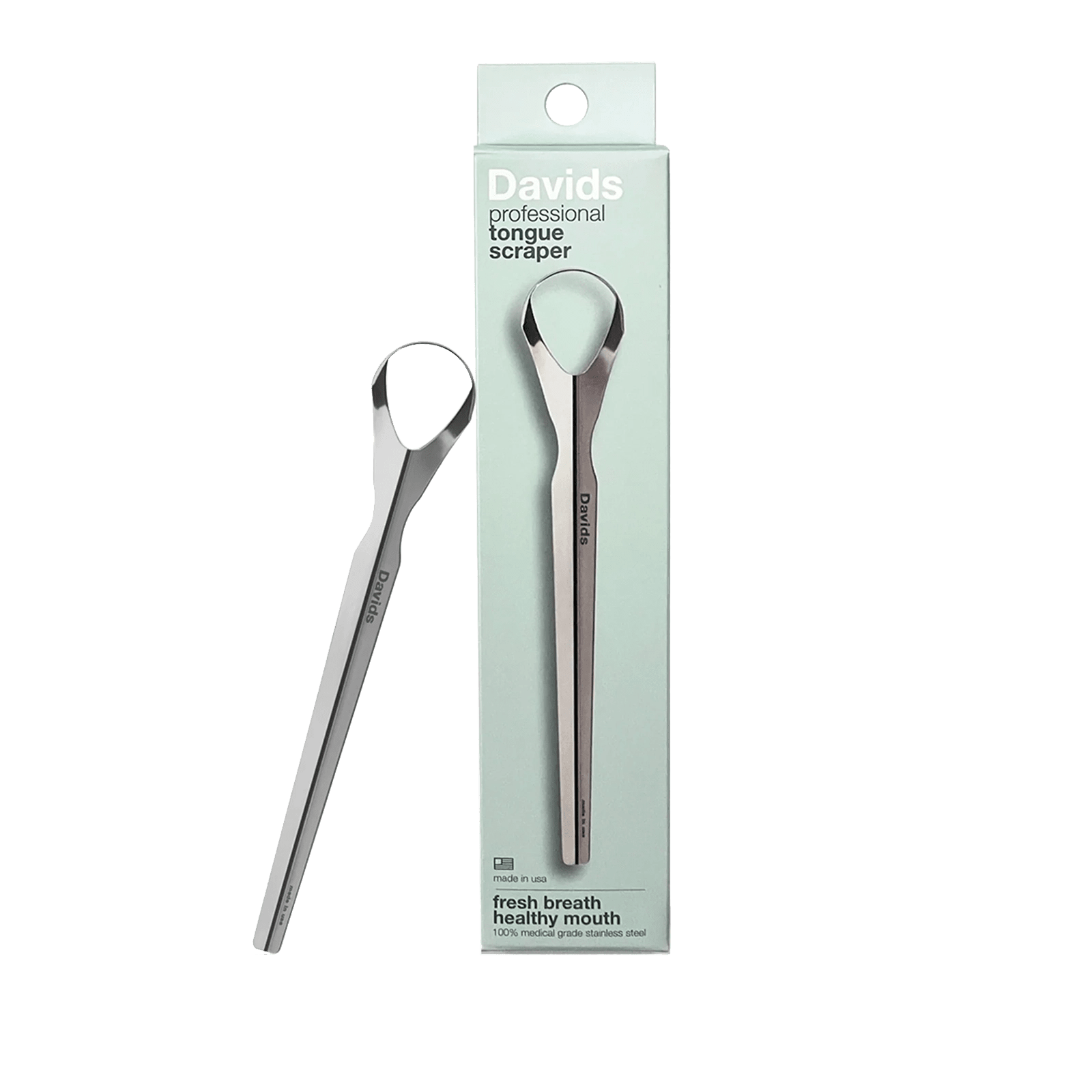 Davids tongue scraper with packaging, stainless steel, promotes fresh breath and healthy mouth